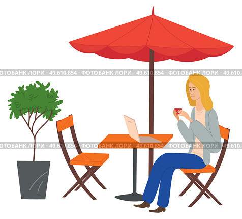 Young Woman sitting at a table in a cafe and correspondence surfing the Internet. Girl communicating through network on the laptop. Social media network communication digital gadget addiction. Woman sitting at a table in a cafe, surfing the Internet. Social media network communication. Стоковая иллюстрация, агентство Ingram Publishing / Фотобанк Лори