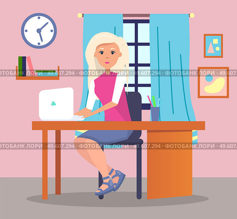 Young woman sitting at table and using laptop. Quarantine distance work. Freelance work at home. Effectively organizing home time. Home office. Businesswoman or student working at home or office. Young woman sitting at table and using laptop, quarantine distance work, freelance work at home. Стоковая иллюстрация, агентство Ingram Publishing / Фотобанк Лори