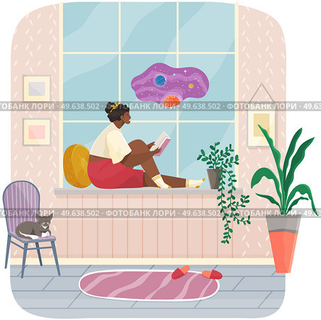 Young woman sitting on windowsill at home looking out window, relaxing reading book in evening. Female character rest in cozy interior. Spend time at home enjoy free time, dream, rest after work. Young woman sitting on windowsill at home looking out window, relaxing reading book, rest after work. Стоковая иллюстрация, агентство Ingram Publishing / Фотобанк Лори