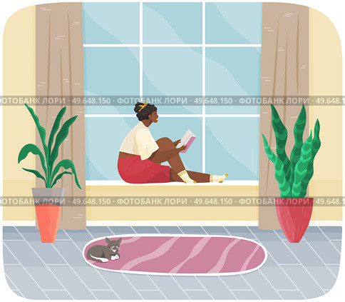 Young woman sitting on windowsill at home looking out window, relaxing reading book in evening. Female character rest in cozy interior. Spend time at home enjoy free time, dream, rest after work. Young woman sitting on windowsill at home looking out window, relaxing reading book, rest after work. Стоковая иллюстрация, агентство Ingram Publishing / Фотобанк Лори