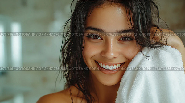 Young woman smiling while drying hair with towel in bright bathroom. AI generated. Молодая женщина с длинными темными волосами радостно улыбается, обернув вокруг плеч мягкое полотенце. Солнечный свет проникает через большие окна, создавая теплую атмосферу. Стоковое AI-изображение, AI-художник Katsiaryna Repich / Фотобанк Лори