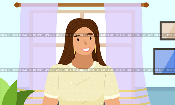 Young woman standing in livingroom interior near the windows with curtains. Smiling girl portrait indoor. Happy female character rest in cozy room. Spend time at home enjoy the beautiful scenery. Young woman standing in livingroom interior near the windows with curtains. Smiling girl portrait. Стоковая иллюстрация, агентство Ingram Publishing / Фотобанк Лори