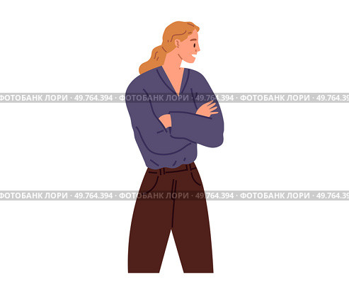 Young woman stands, makes gesture by hand and looks at something isolated on white. Girl listening to conversation, female character folded both hands on her chest, talking, communicates emotionally. Young woman stands and looks at something isolated on white. Girl listening to conversation. Стоковая иллюстрация, агентство Ingram Publishing / Фотобанк Лори