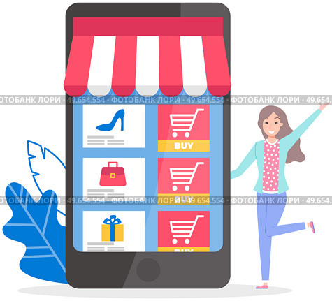 Young woman surfing internet, communicating by phone and shopping online. Big phone with online store on screen. E-commerse, online store application. Concept of using Internet and modern gadgets. Young woman surfing internet, communicating by phone and shopping online. E-commerse concept. Стоковая иллюстрация, агентство Ingram Publishing / Фотобанк Лори