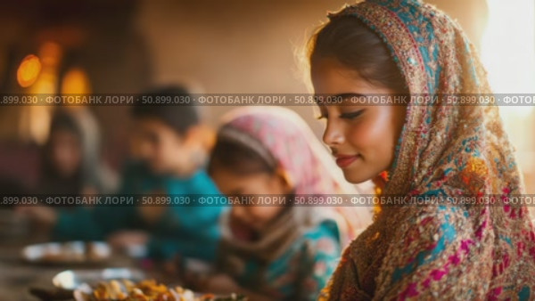 Young woman wearing a richly embroidered traditional head covering, softly illuminated by warm sunlight during a shared family meal. Стоковое AI-видео, аниматор Данила Большаков / Фотобанк Лори