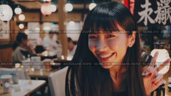 Young woman with black hair gesturing peace sign, winking playfully near traditional Japanese restaurant lanterns and kanji signage. Стоковое AI-видео, аниматор Данил Руденко / Фотобанк Лори