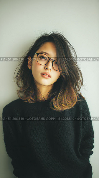 Young Woman With Glasses Poses Confidently Against a Plain Background Indoors. Стоковое AI-изображение, AI-художник Юлия Гапеенко / Фотобанк Лори