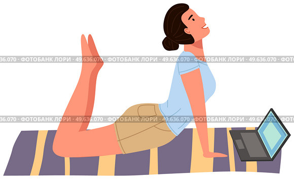 Young woman working out doing exercises at home. Girl doing yoga on mat. Sportswoman stretches in apartment. Yogi performs physical exercise by video on computer. Healthy lifestyle and sports activity. Young woman working out doing exercises at home. Yogi performs physical exercise, doing yoga. Стоковая иллюстрация, агентство Ingram Publishing / Фотобанк Лори