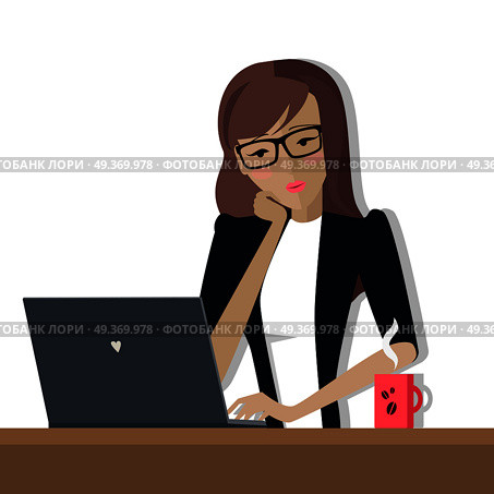Young woman works on his laptop in office, sitting at desk, looking at computer monitor screen. Young woman in glasses personage. Vector illustration in flat design isolated on white background. Business Woman Works on His Laptop. Стоковая иллюстрация, агентство Ingram Publishing / Фотобанк Лори
