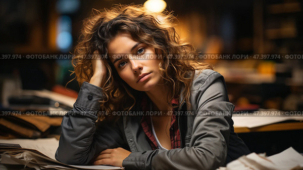Задумчивая женщина, resting head on hand в загроможденном рабочем пространстве. Стоковое AI-изображение, AI-художник Елена Болотина / Фотобанк Лори