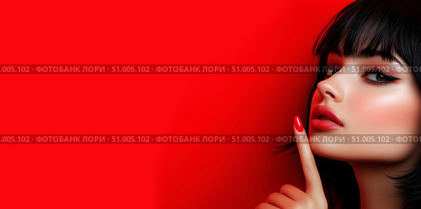 Загадочная женщина с жестом тишины на красном фоне. Стоковое AI-изображение, AI-художник Владимир Трубицын / Фотобанк Лори