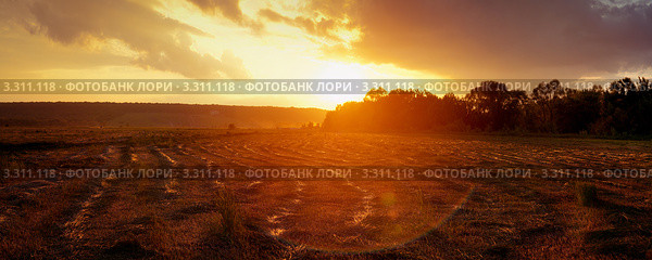 Закат над полем со скошенной травой. Стоковое фото, фотограф Мария Калиниченко / Фотобанк Лори