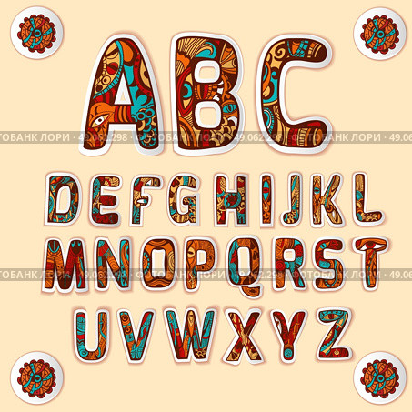 Zentangle alphabet colored letters stickers set . Zentangle alphabet with beautifully structured art design used for letters stickers set colored glossy abstract vector illustration. Стоковая иллюстрация, агентство Ingram Publishing / Фотобанк Лори