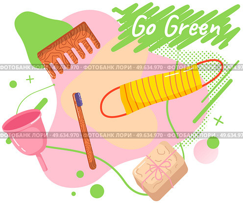 Zero waste reusable personal hygiene products toothbrush, comb, sponge for body, menstrual cup. Eco friendly goods for daily body and hair care. Environment conservation and responsible consumption. Zero waste reusable personal hygiene products. Eco friendly goods for daily body and hair care. Стоковая иллюстрация, агентство Ingram Publishing / Фотобанк Лори