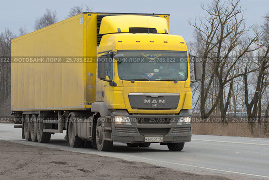 Желтый грузовой MAN TGS 2008 модельного года c полуприцепом на шоссе сумрачным мартовским днем (2017 год). Редакционное фото, фотограф Виктор Карасев / Фотобанк Лори
