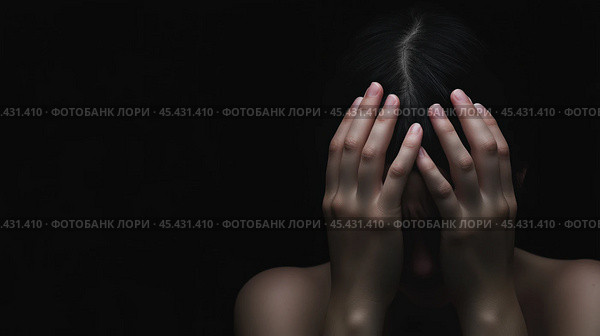 Женщина сидит одна, положив руки на голову, выражая грусть, беспокойство или страх на темном фоне, тревогу, душевное расстройство. Стоковое AI-изображение, AI-художник ФотоИнтеллект / Фотобанк Лори