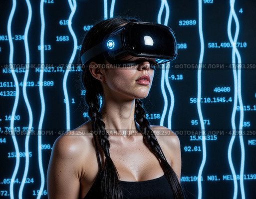 Женщина в VR-гарнитуре, в цифровом пространстве, потоки данных, светящийся фон. Стоковое AI-изображение, AI-художник Ольга Денис / Фотобанк Лори