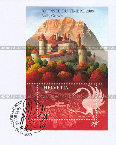 Журавль - эмблема древнего замка Грюйер (Gruyeres), почтовая марка Швейцарии 2009 года. Редакционная иллюстрация, иллюстратор александр афанасьев / Фотобанк Лори