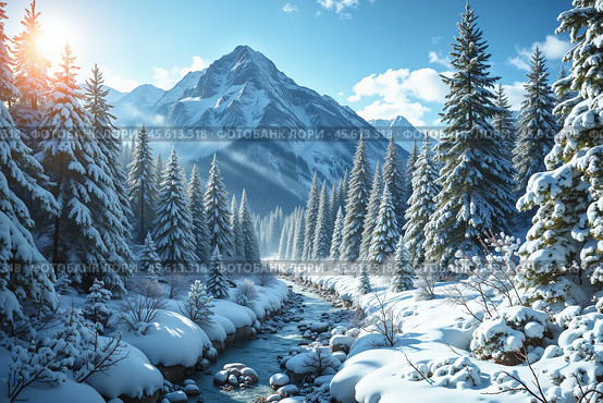 Зимний пейзаж с незамерзающим горным ручьем. Winter landscape with an unfrozen mountain stream. Стоковое AI-изображение, AI-художник Гер Олег / Фотобанк Лори