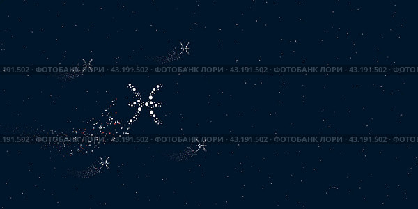 Зодиакальный символ рыб, заполненный точками, летит сквозь звезды, оставляя за собой след. Вокруг расположены четыре маленьких символа. Иллюстрация на темно-синем фоне со звездами. Стоковая иллюстрация, иллюстратор Карпенко Алексей / Фотобанк Лори