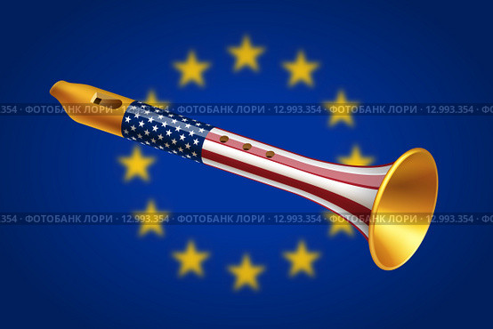 Золотая дудка с флагом США на размытом фоне флага Евросоюза. Стоковая иллюстрация, иллюстратор elena_a / Фотобанк Лори