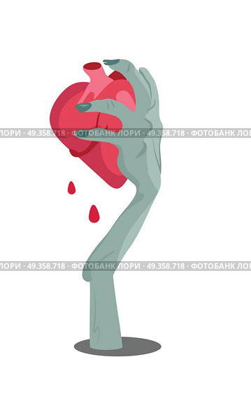 Zombie Hand Appear with Torn Heart Isolated Vector. Zombie hand appears with torn heart isolated on white. Horrible arm of undead human creature. Happy Halloween concept in flat style. Science fiction cartoon illustration. Horror fantasy. Vector. Стоковая иллюстрация, агентство Ingram Publishing / Фотобанк Лори
