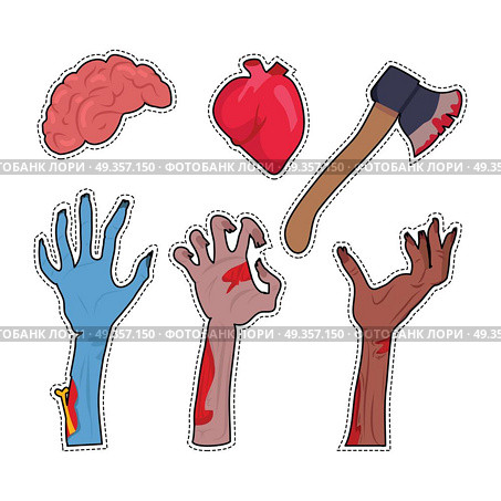Zombie Hands Sticking out from the Ground Vector. Zombie hands sticking out from ground. Various damaged and dried human limbs appear from grave flat vector. Undead arises on cemetery. Halloween party decor. Fashion patch cartoon 80s-90s comic style. Стоковая иллюстрация, агентство Ingram Publishing / Фотобанк Лори