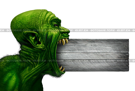 Zombie head blank sign and monster face side view as a demon or mutant beast biting into a wood signage as a creepy halloween or angry scary demonic symbol with wrinkled skin isolated on white in a realistic 3D illustration style. Стоковое фото, агентство Ingram Publishing / Фотобанк Лори