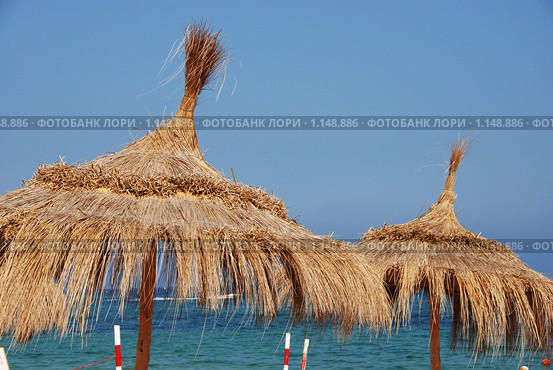 Зонтики на пляже. Сусс. Тунис (2009 год). Стоковое фото, фотограф E. O. / Фотобанк Лори